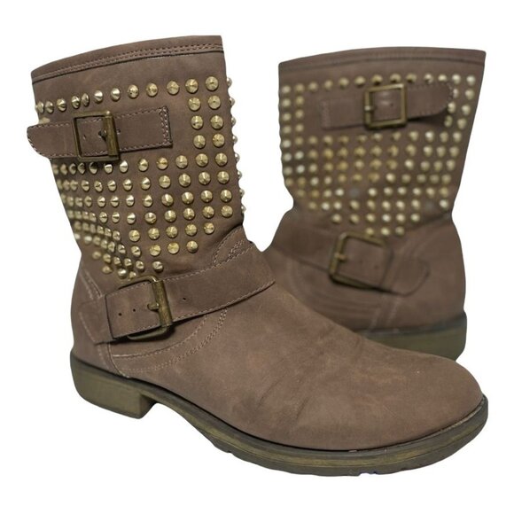 Studded Suede Boots Side Zip Double Buckle Accent leon Brown moto JustFab - Picture 1 of 11